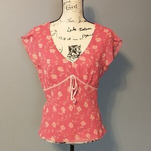 Ann Taylor Pink Flutter Sleeve Blouse with Tie Front